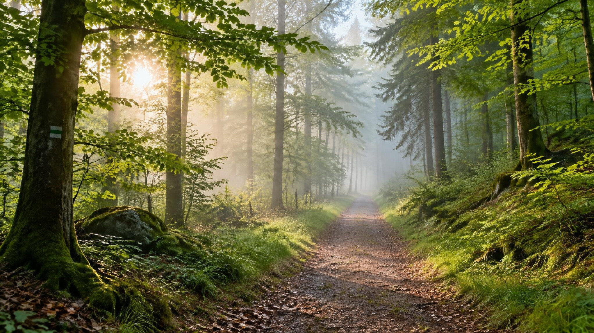 Forest trail in soft morning light with green foliage